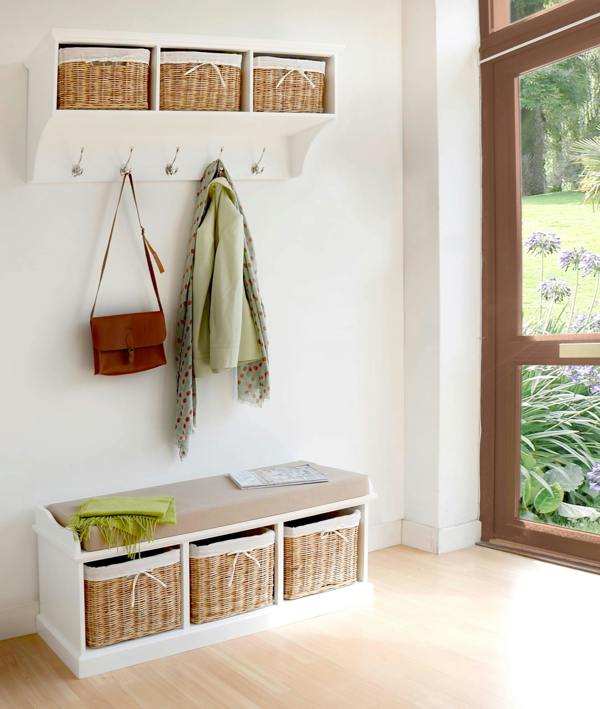 Statement Furniture Tetbury White Storage Bench with Natural Wicker Baskets and Brown Cushion