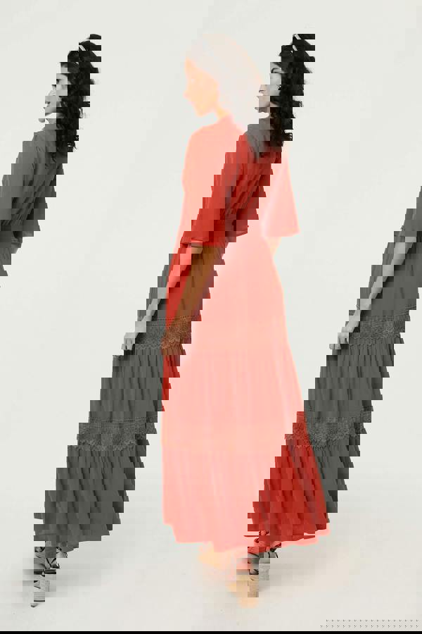 Orange | Lace Trim Tiered 1/2 Sleeve Maxi Dress