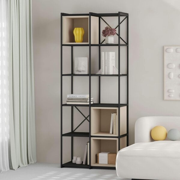 Decortie Modern Vale Midi Bookcase Display Unit 5-Tier Metal Frame 3 Adjustable Shelf 18mm Engineered Wood (Black Wood