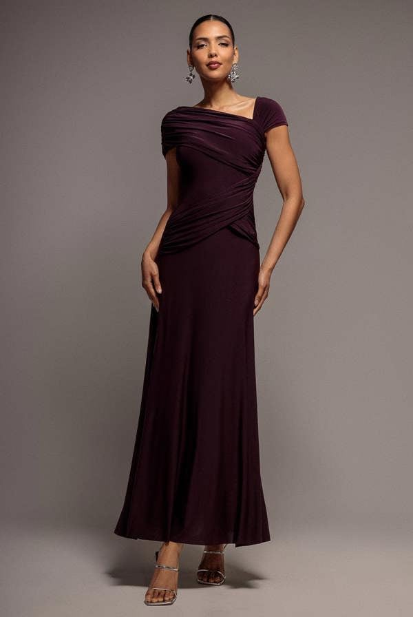 Asymmetric Neck Gathered Waist Maxi Dress - Burgundy DR5096