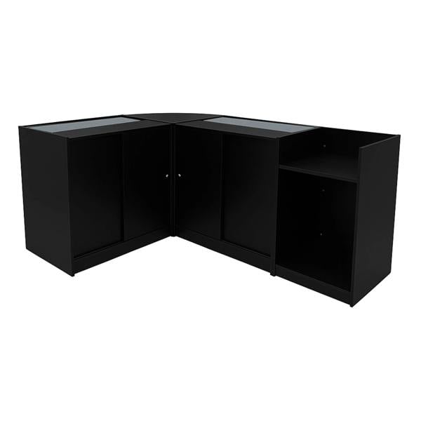 Black Hyperion LED shop counter set featuring sleek design, glass display tops, and ample storage space in a modern corner layout