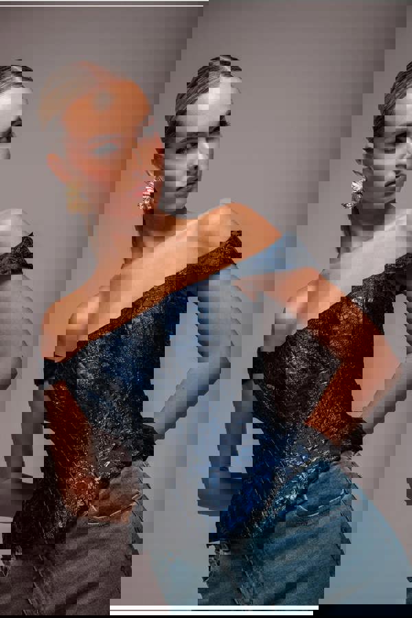 Sleeveless Jacquard Lace Up Back Corset - Navy Blue T265