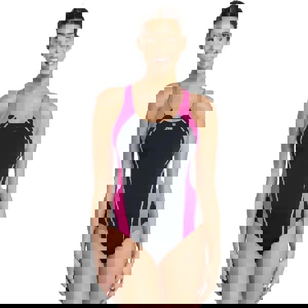 Zoggs Eaton Flyback swimsuit in black and pink with sleek contrast stitching