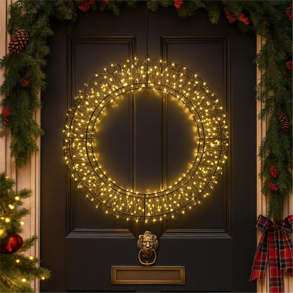 Scotts of Stow Xmas Haus Pre Lit Micro LED Wreath with 10 Twinkling LEDs 5m Lead