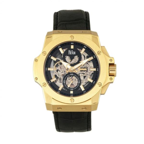 Reign Commodus Automatic Skeleton Leather-Band Watch - Gold/Black - REIRN4004