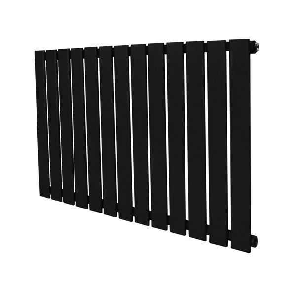 Flat single column radiator in sleek black finish, 600 x 910mm, featuring a modern design with vertical slats and smooth texture