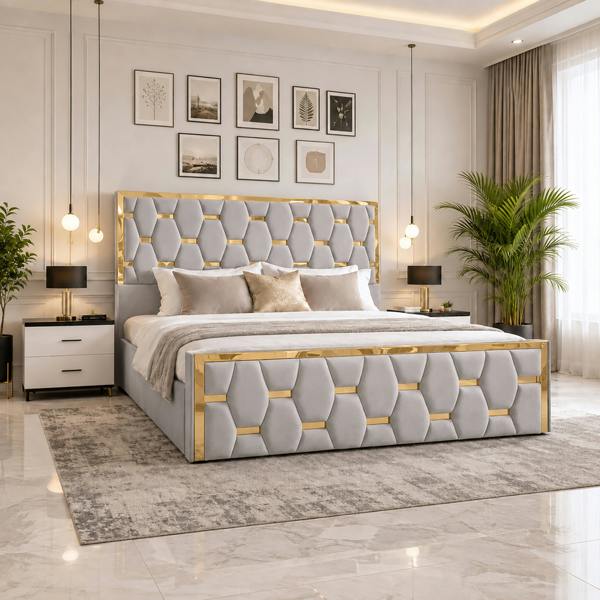Paradise Beds Luxury Gold Trim Upholstered Bed Frame with Designer Tufted Headboard & Ottoman