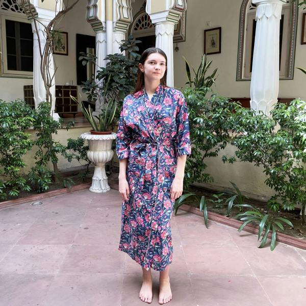 Hayley & Co Navy and Pink Floral Block Print 100% Cotton Dressing Gown