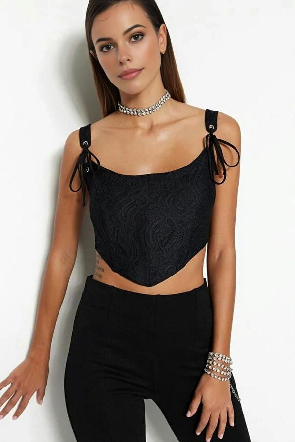 WOVCOR Crop Lined Corset Detail Knitted Lace Bustier