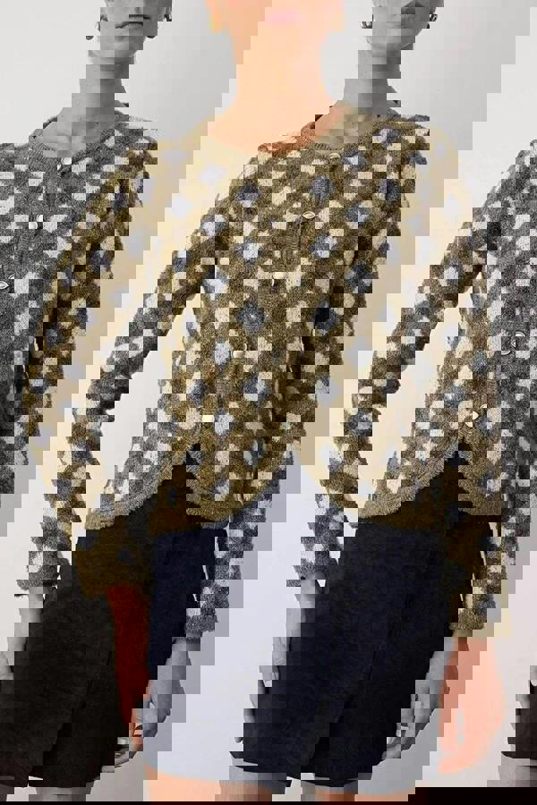 WOVCOR Argyle Patterned Crew Neck Crop Knit Cardigan