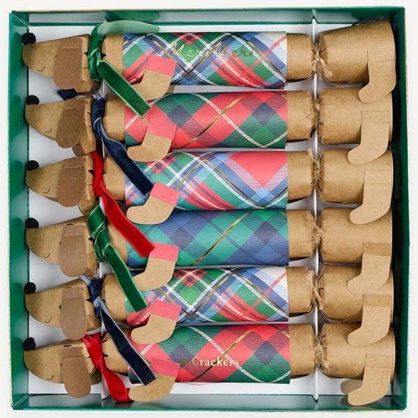 Set of six sausage dog Christmas crackers in tartan coats with velvet scarves, neatly packaged in a green presentation box.