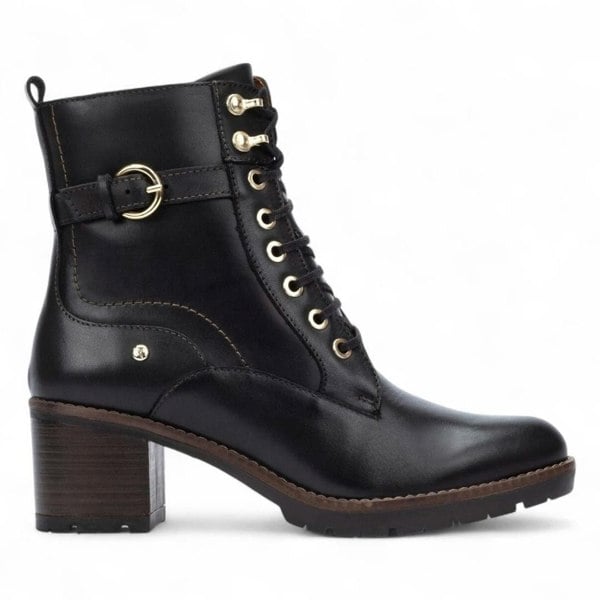 Pikolinos Llanes - Women’s Black Leather Mid-Heel Combat Ankle Boots