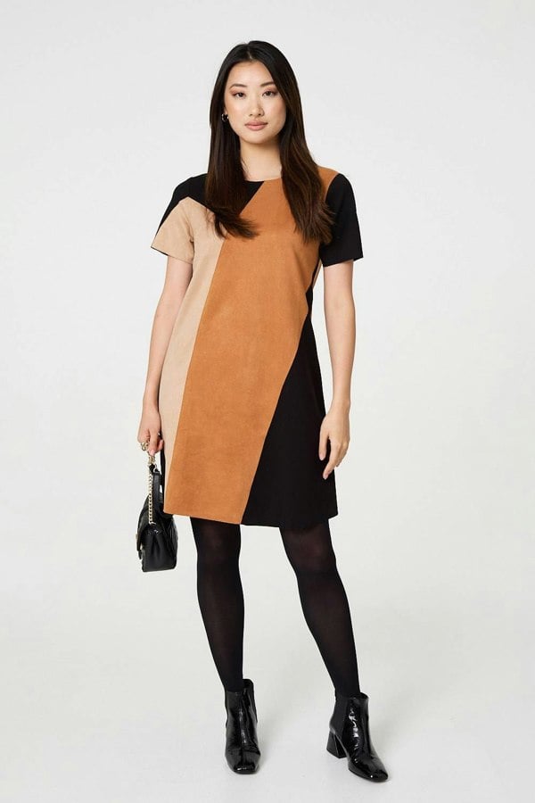 Beige | Colour Block Short Sleeve Midi Dress
