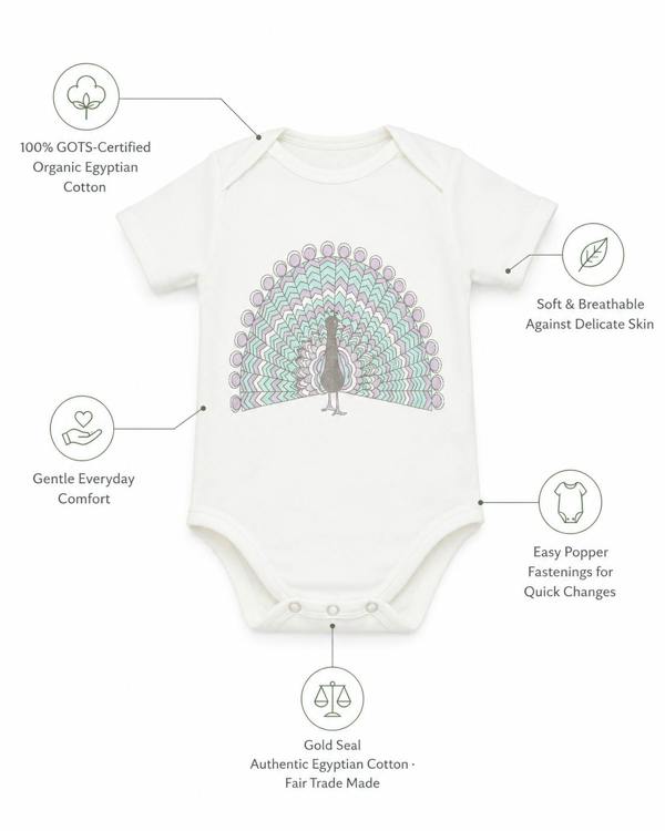 Organic baby bodysuit in GOTS-certified organic Egyptian cotton with a pastel peacock print and short sleeves