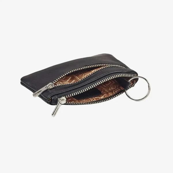 Black real leather coin pouch with two zipped sections