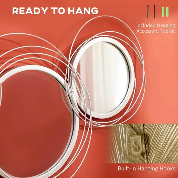 Silver circular mirror set with linked ring frames, five hanging round mirrors