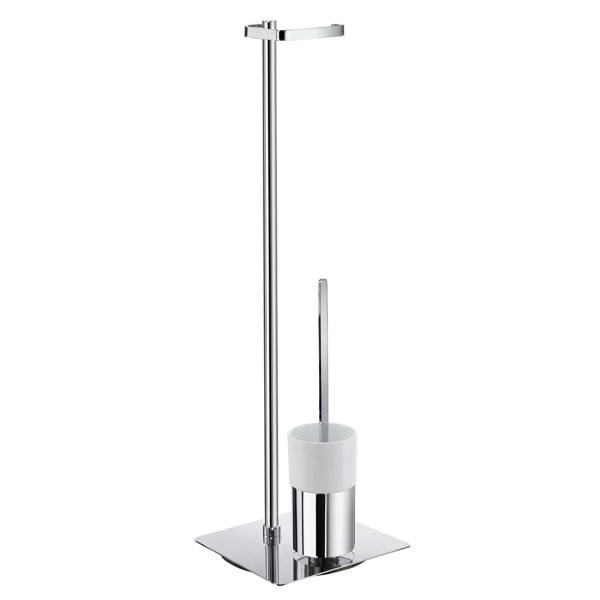 Polished chrome toilet roll and toilet brush with porcelain holder
