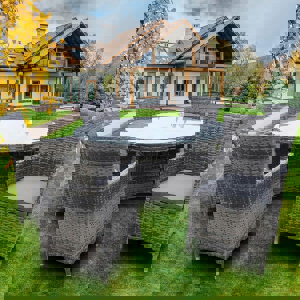 Furniture One 7 PCS Aluminium Rattan Garden Furniture 4 Seat Set, 135CM Round Tempered Glass Dining Table + 6 Chairs Set Full Assembly