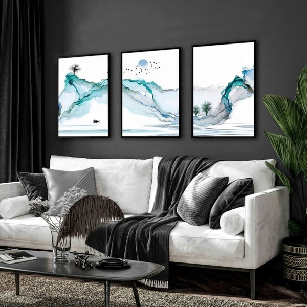 Art print set of 3 | Japanese Teal wall art for living room