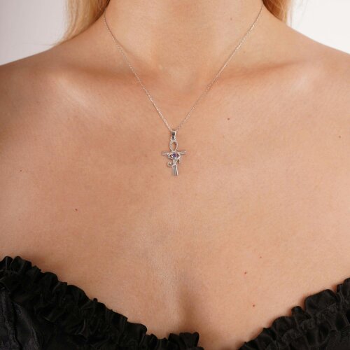 Spero London Sterling Silver Egyptian Ankh and Purple Eye Necklace