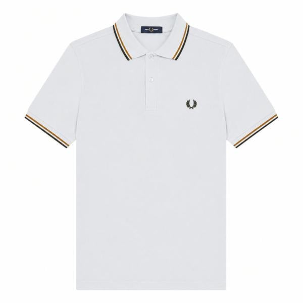 White Fred Perry Twin Tipped Polo Shirt with dusky blue, dark caramel, and night green stripes on collar and cuffs.