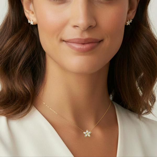 Gold-flower-necklace-on-model. A minimalist-gold-vermeil-pendant-necklace for women, showing scale-and-fit against a professional-white-background.