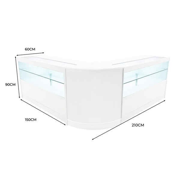 Curved white LED shop counter set with glass display shelves, measuring 60cm high, 150cm wide, and 210cm long, ideal for retail spaces