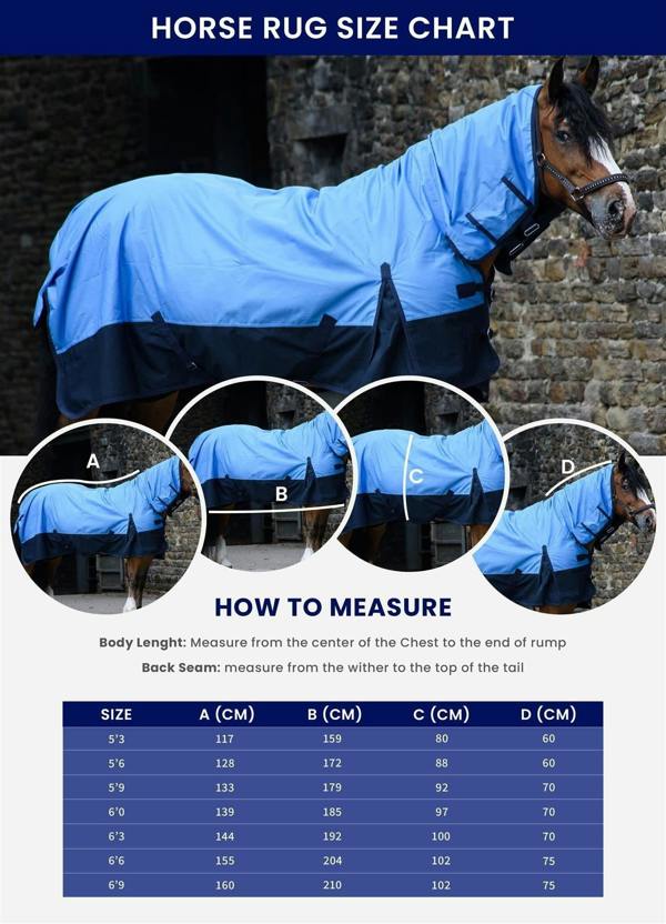 eQuitack 600D 2 in 1 Waterproof Fly Turnout Mesh Horse Rug Fixed Neck Blue/Grey 5'6''