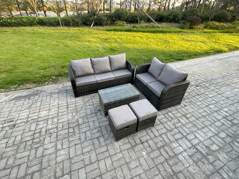Fimous 7 Seater Rattan Wicker Garden Furniture Patio Conservatory Sofa Set with Rectangular Coffee Table 3 Seater Sofa Love Sofa 2 Small Footstools