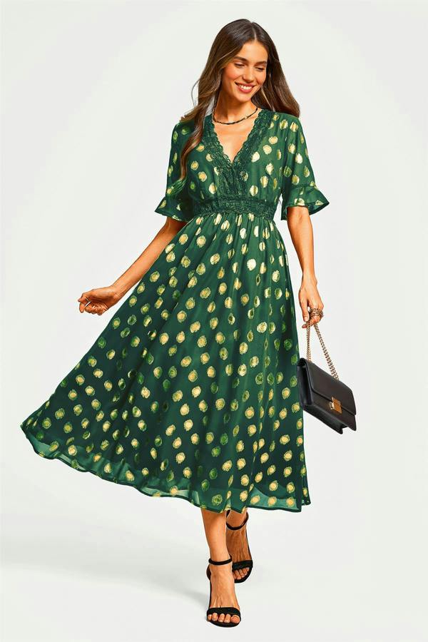 FS Collection Gold Foil Long Sleeve Lace Trim V Neck Maxi Dress In Green