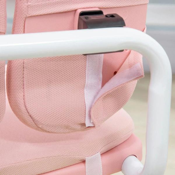 Pink padded chair back with washable fabric cover and side pocket detail on white frame