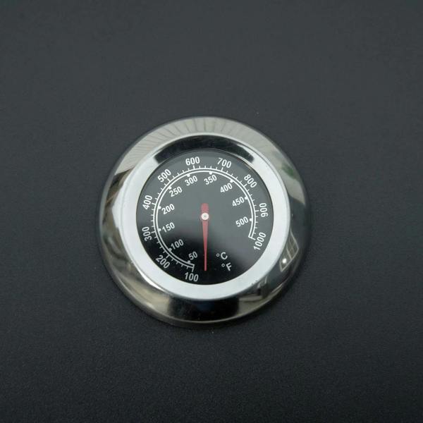 Round grill thermometer gauge with metal bezel and Celsius/Fahrenheit scale