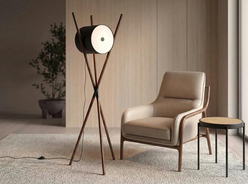 Angel Cerdá Floor lamp in wood upholstered in black leatherette and dark walnut 8098