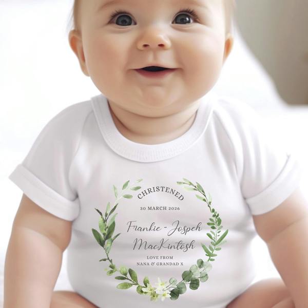 Personalised Green Floral Christening Baby Grow, Vest or Bib with Name