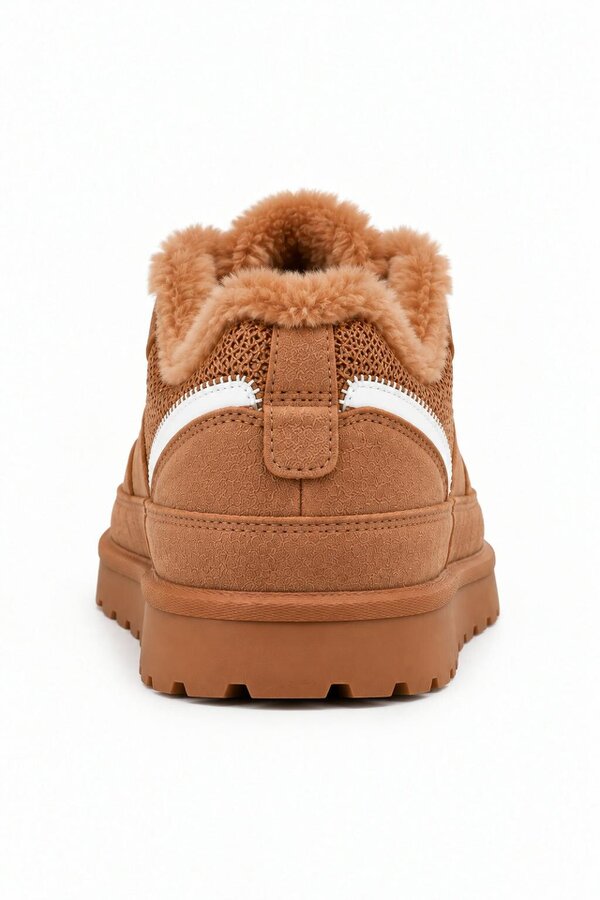Love Lemonade Hudson Comfort Faux Suede Check Lace Faux Fur Lined Trainers Camel