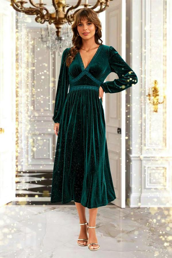 FS Collection Silver Foil Velvet Lace Trim Neckline Midi Dress In Green