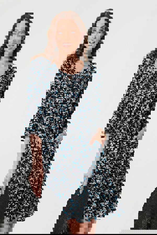 Black | Ditsy Floral Flare Sleeve Short Dress