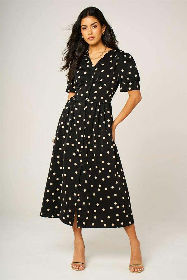 FS Collection Dot Print Button Front Midi Dress In Black With Puff Sleeves