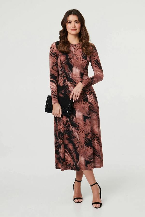 Pink | Abstract Long Sleeve Flared Midi Dress