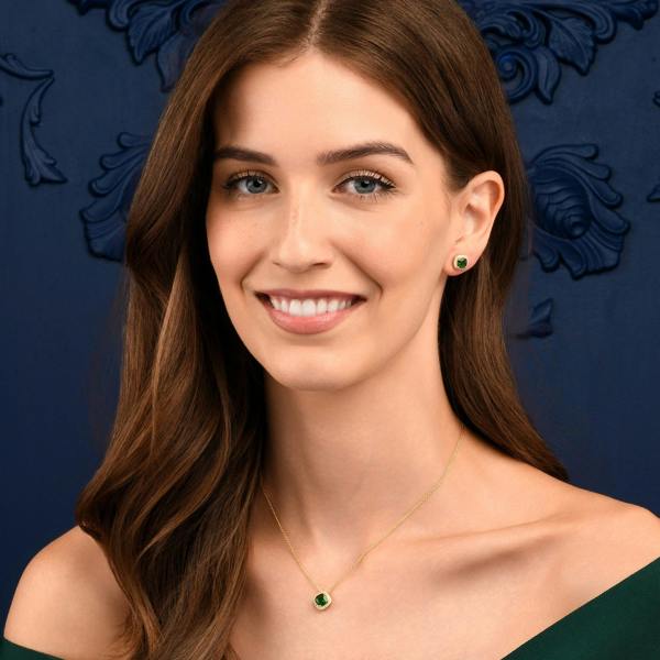 namana Gold Plated Sterling Silver Green Cubic Zirconia Cushion Halo Stud Earrings