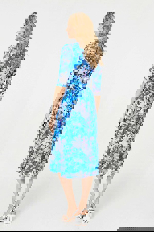 Blue | Floral Mesh Pleated Faux Wrap Midi Dress