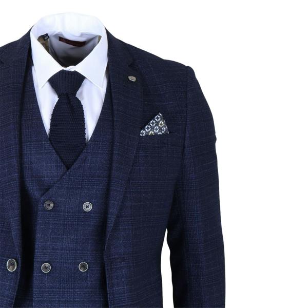 Infinity Leather Men's Blue Plaid Check 3 Piece Slim Fit Formal Wedding Suit