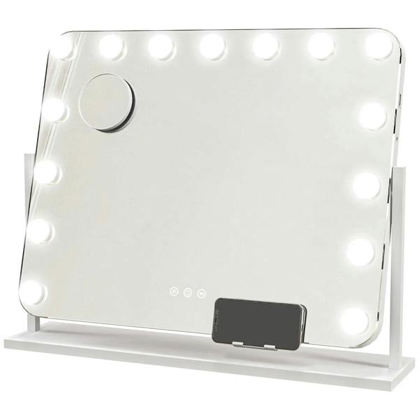 Tabletop makeup mirror with 14 LED bulbs, white frame, foldable stand