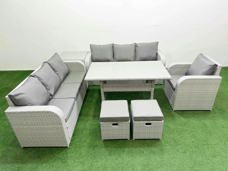 Fimous 9 Seater Poly Rattan Garden Furniture Patio Set, Dining Table, 3 Seater Sofa, Reclining Chair, 3 Seater Sofa, Stools, Side Table, Light Grey
