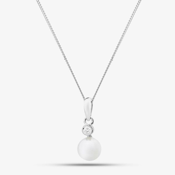 T. H. Baker 18ct White Gold Freshwater Pearl & Diamond Drop Pendant Necklace PNX5119PL
