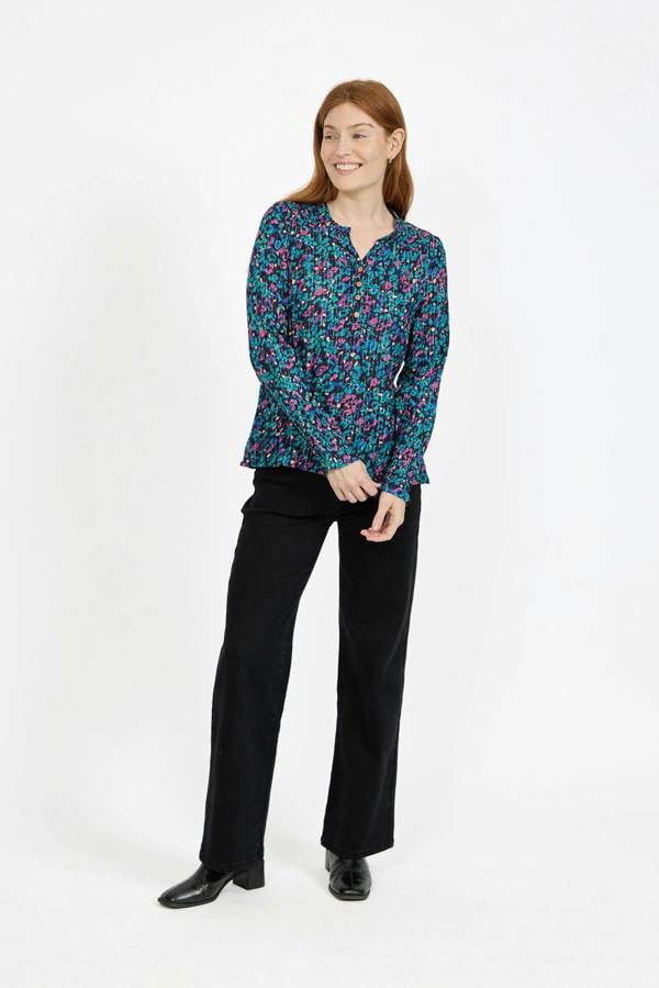 Mudflower Floral Printed Button-Up Blouse with Ruffle Detailing