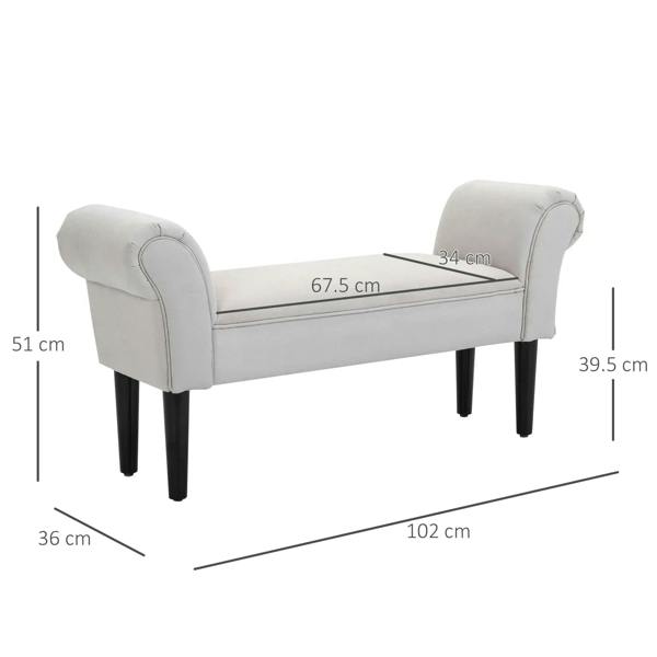 Upholstered bench with rounded arms, greyish white upholstery and dark tapered legs