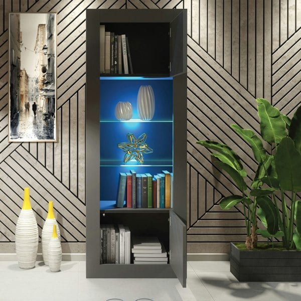 Mex Furniture Charming Modern Display Cabinet 170cm with Free LED – Dark Grey High Gloss Doors