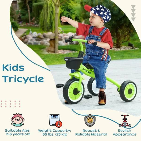 Green kids tricycle with black basket and three lime wheels, child seated outdoors