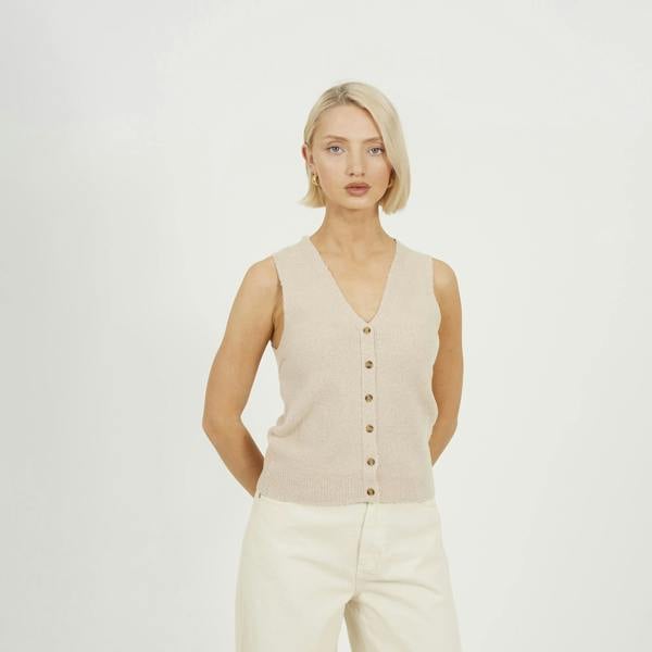 Brave Soul Beige Mossy Yarn V-Neck Knitted Waistcoat - Beige Image 1